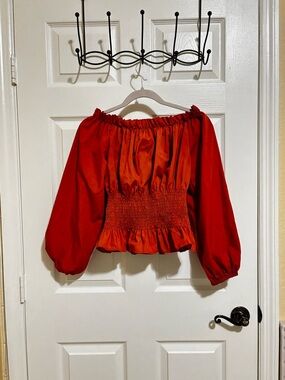 Red Off-Shoulder Smocked Waist Peasant Top